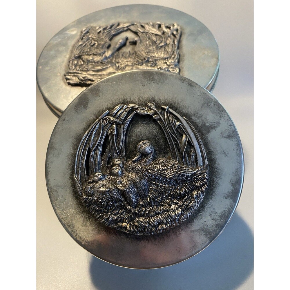 Vintage Set Of 2 METZKE Pewter Nesting Cookie Tins Mallard Duck Bird 8" & 5"